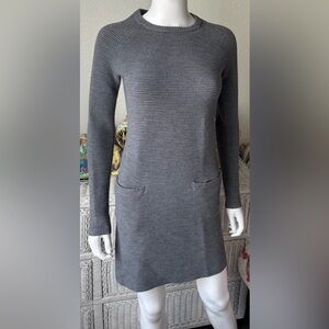 Theory Noble Wool Sweater Mini Dress Crewneck Fitted Long Sleeve in Grey Size XS